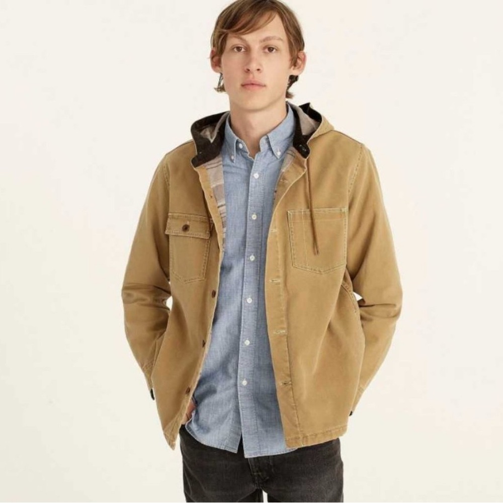 J. Crew Tan Shirt Jacket Chore coat style drawstring men large button front hood